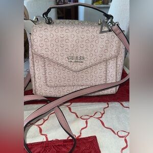 GUESS Pink Monogram Top-Handle Satchel with Crossbody Strap